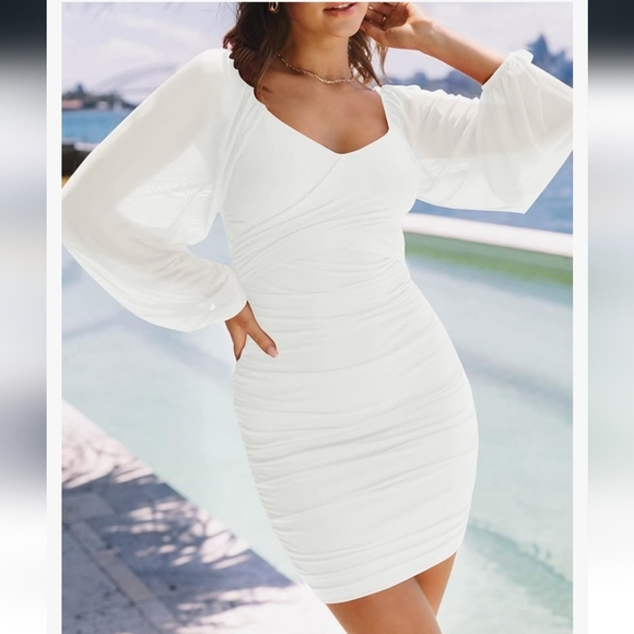 Elegant White Dress With Semi Transparent Sleeves - Picture 3 of 16